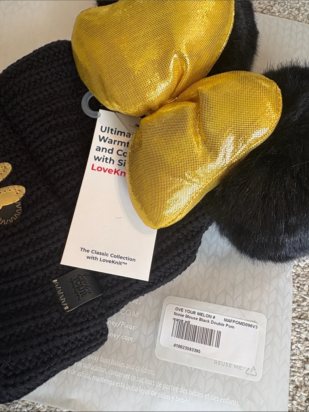 Disney Love Your Melon Kids Black Beanie with Gold Bow and Black Pom Poms